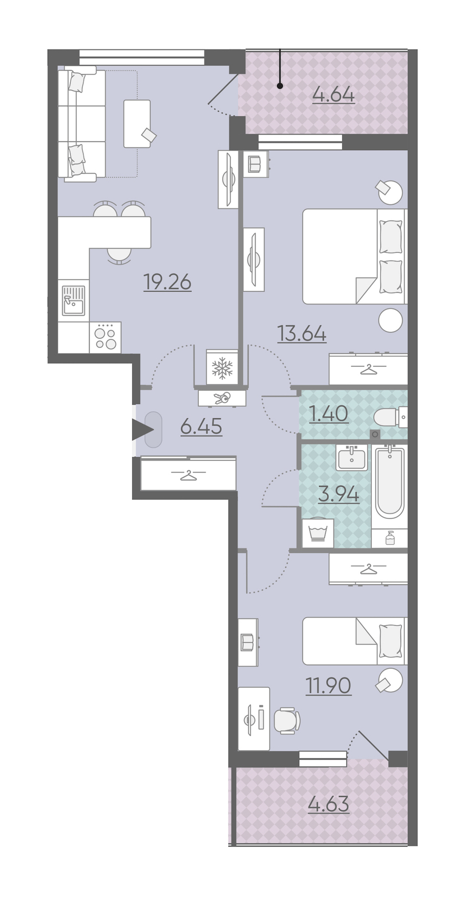 Двухкомнатная квартира в : площадь 61.23 м2 , этаж: 2 – купить в Санкт-Петербурге